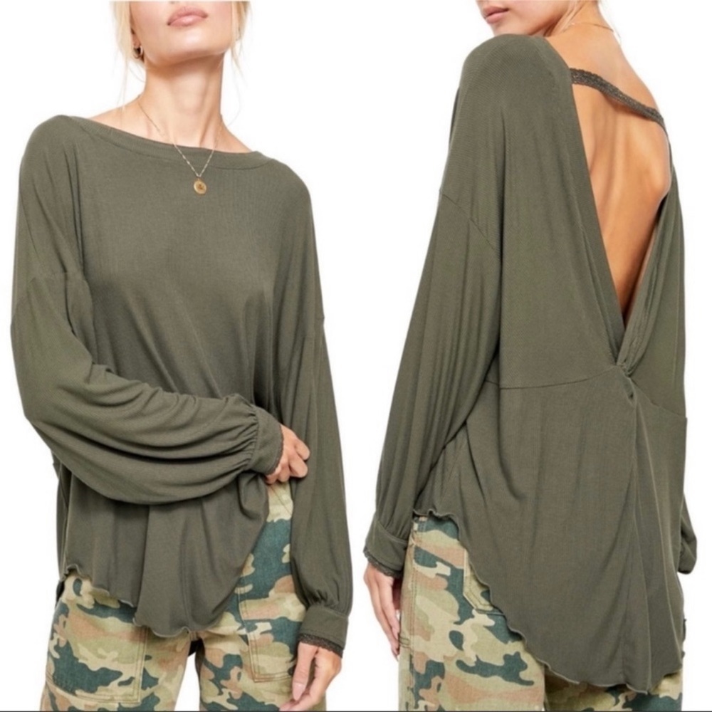 Free People Shimmy Shake Army Long Sleeve Open Back Top Size Medium Women